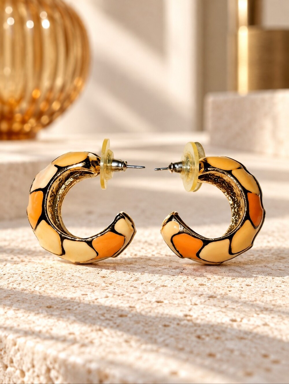 Vintage 1980s Cream Orange Enamel Gold Tone Chunky Hoop Earrings 1"